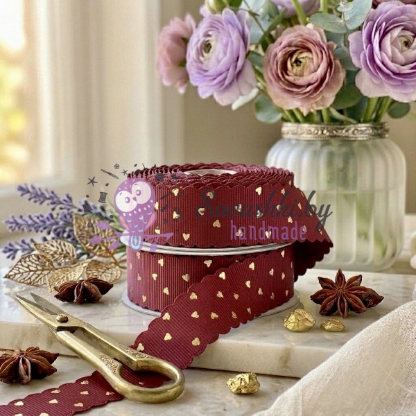 Лента репсовая с золотым тиснением «Сердца» (ширина 22 мм), бордовая (1 м)