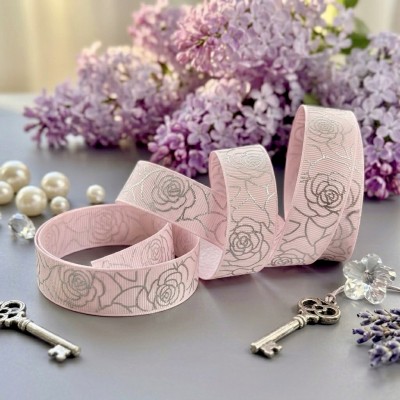 Лента репсовая с серебристым тиснением "Розы", розовая (25 мм)