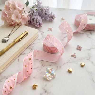 Лента репсовая 2,5 см с фольгированием "Звезды/полоска", розовая