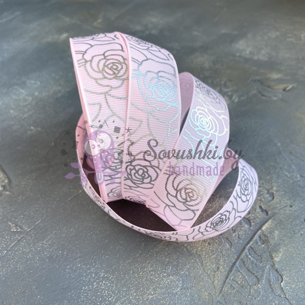 Репсовая лента 25 мм с фольгированием "Розы", розовый/серебро