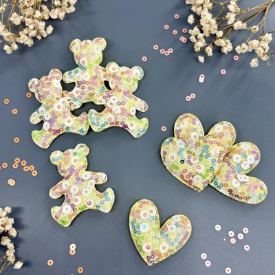 Патчи для рукоделия с крупными пайетками "Мишки с сердечками" желтые - набор 8 шт.