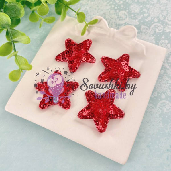 Декоративные патчи с пайетками "Звездочка", красный - набор 4 шт.