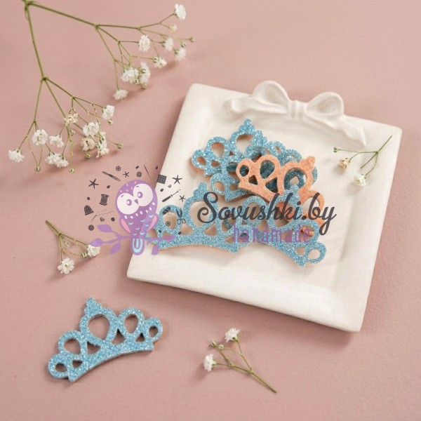 Декоративные патчи для рукоделия с блестками "Корона", голубой - набор 6 шт.