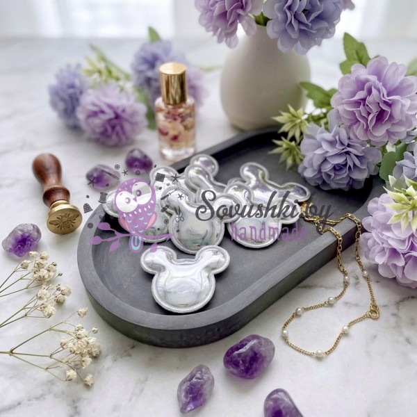 Декоративные патчи для рукоделия из экокожи "Микки" серебро - набор 5 шт.