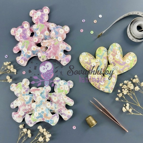 Патчи для рукоделия с крупными пайетками "Мишки с сердечками" микс - набор 9 шт.