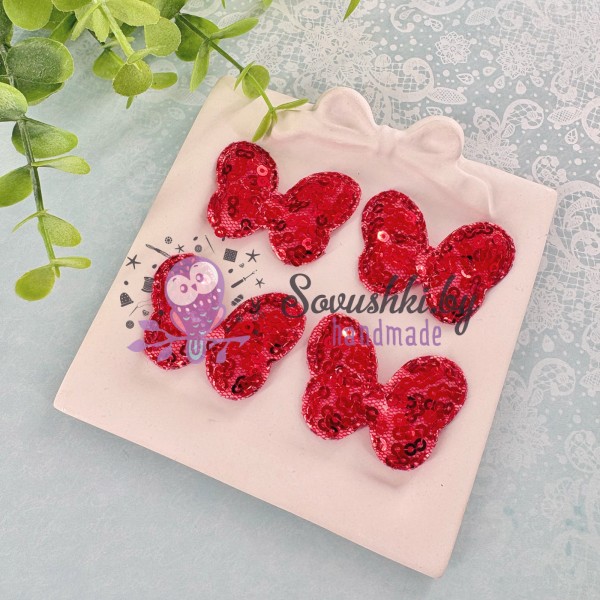 Декоративные патчи с пайетками "Бантик", красный - набор 4 шт.