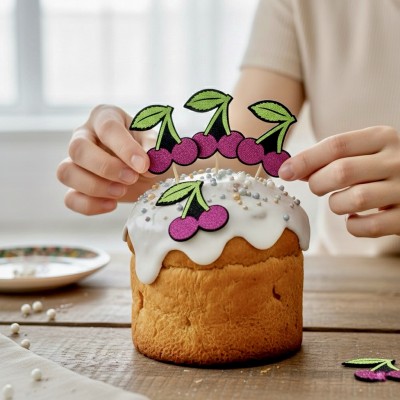 Набор декоративных элементов (патчи-вырубка) «Блестящие вишенки» — набор 13 шт, малиновые