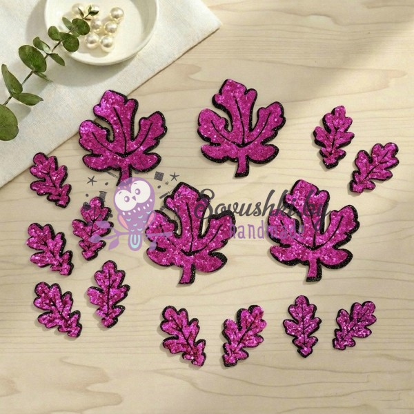 Декоративные элементы (патчи-вырубка) «Листья дуба» — набор 13 шт (фуксия)