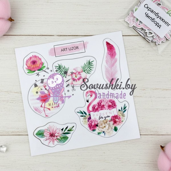 Чипборд для скрапбукинга "Розовый фламинго в цветах"